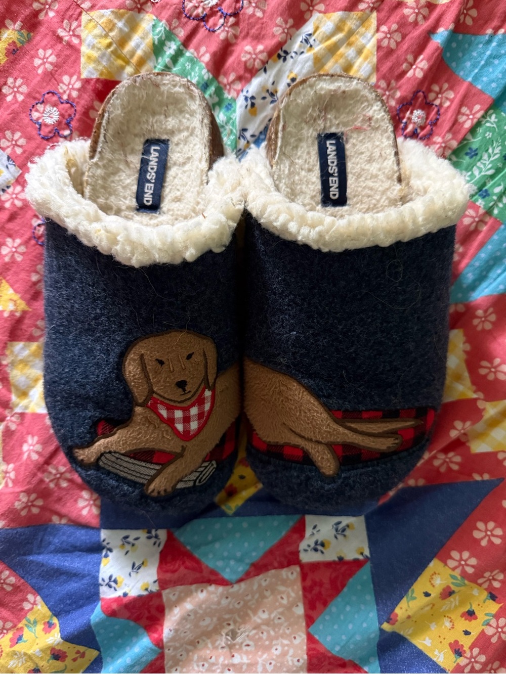 Lands' End Navy Dog Appliqué Shearling-Trim Slip-On Slippers
